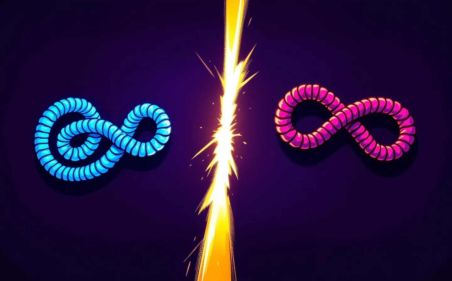 A cel-shaded versus-screen matchup of a cyan coiled peptide ribbon facing a magenta peptide loop across a diagonal golden seam on a deep purple-black arena