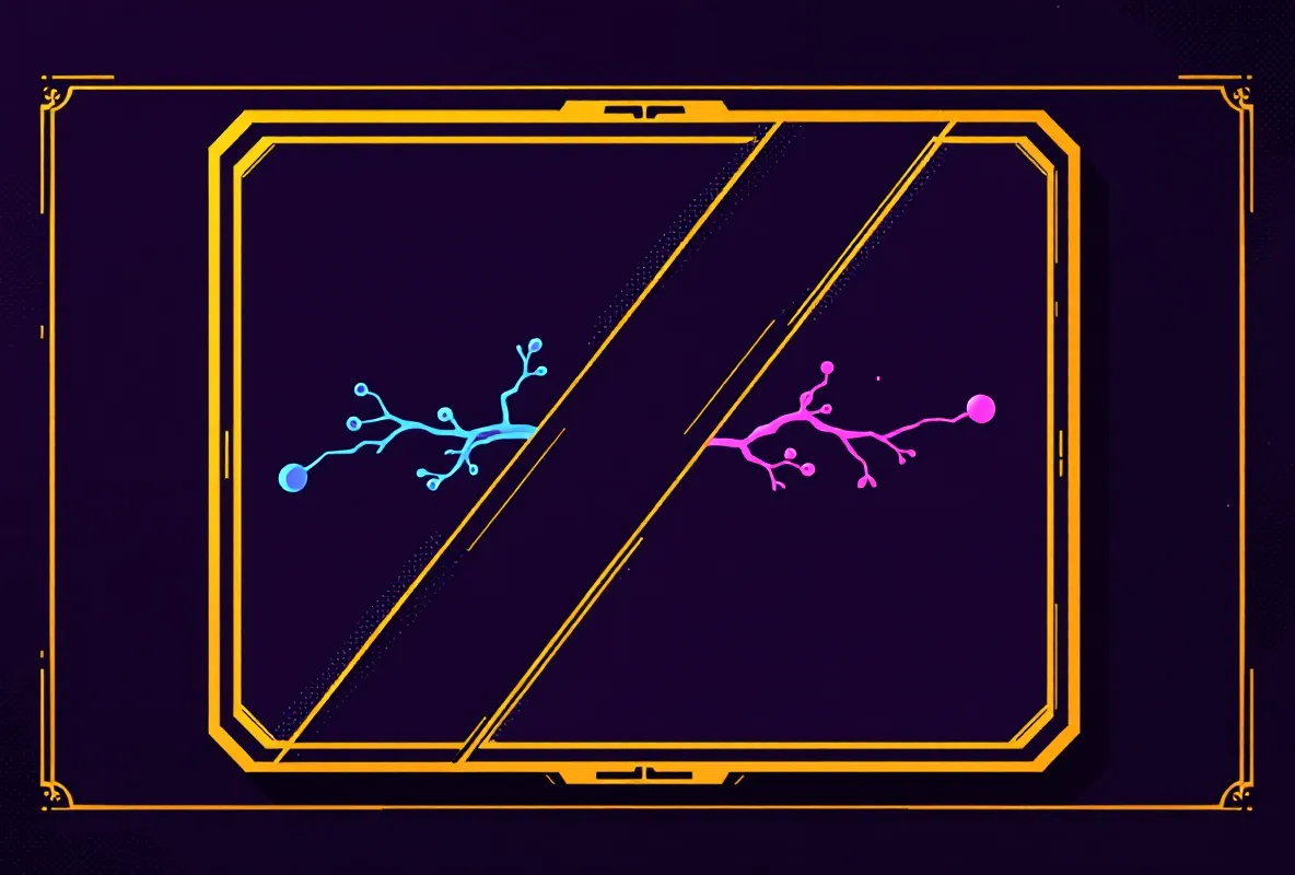 A cel-shaded two-route schematic of a cyan vascular branch and a magenta vascular branch converging on a shared new-vessel node, on a deep purple-black arena